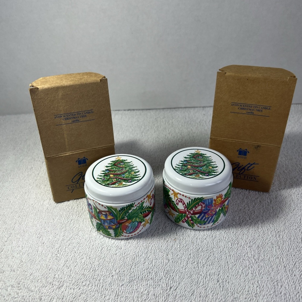 2 Vintage Avon Gift Collection Christmas Tree‎ Vanilla Scented Tin Candle 1996